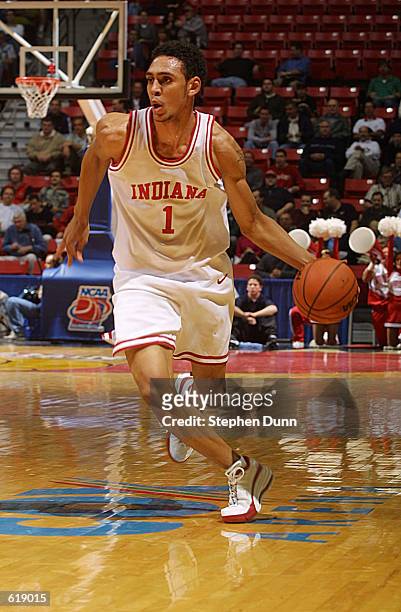 Jared Jeffries of Indiana dribbles up court against Kent State during the first round of the Men's NCAA Basketball Tournament at Cox Arena in San...
