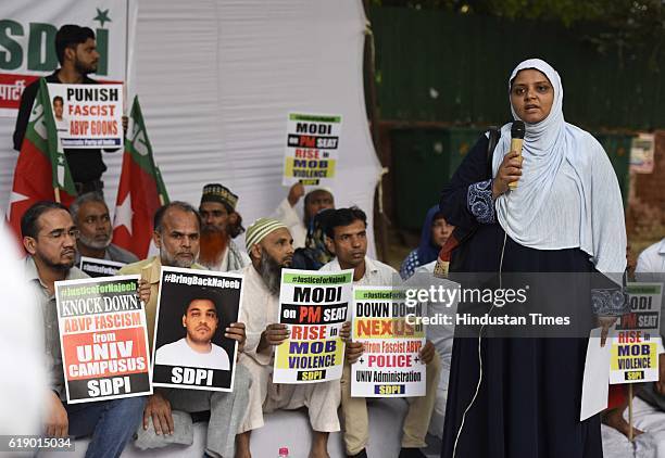 Members of SDPI stage a huge protest to demand justice for JNU’s missing student Najeeb Ahmad at Jantar Mantar, on October 28, 2016 in New Delhi,...