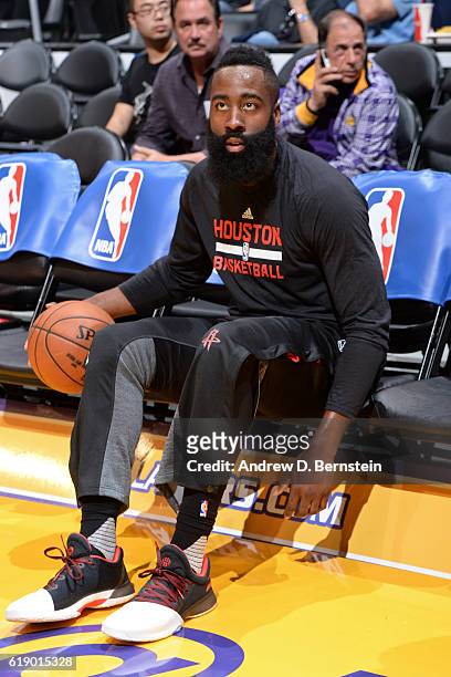 James Harden of the Houston Rockets sits on the bench before the game against the Los Angeles Lakers on October 26, 2016 at STAPLES Center in Los...