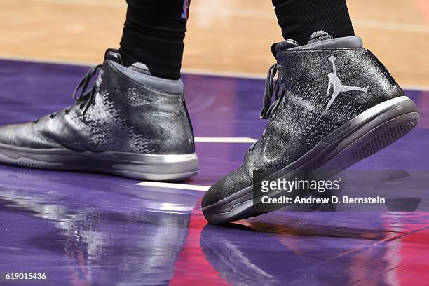 The shoes of Nene Hilario of the Houston Rockets during the game against the Los Angeles Lakers on October 26, 2016 at STAPLES Center in Los Angeles,...