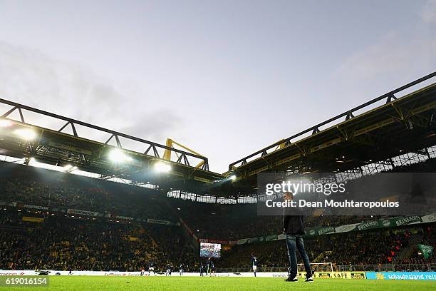 Schalke Manager / Head Coach, Markus Weinzierl looks on prior to the Bundesliga match between Borussia Dortmund and FC Schalke 04 at Signal Iduna...