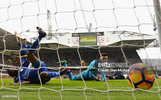 Ahmed Musa of Leicester City scores his sides first goal past Hugo Lloris of Tottenham Hotspur during the Premier League match between Tottenham...
