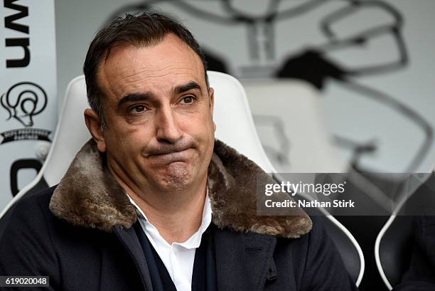 October 29: Carlos Carvalhal, manager of Sheffield Wednesday looks on during the Sky Bet Championship match between Derby County and Sheffield...