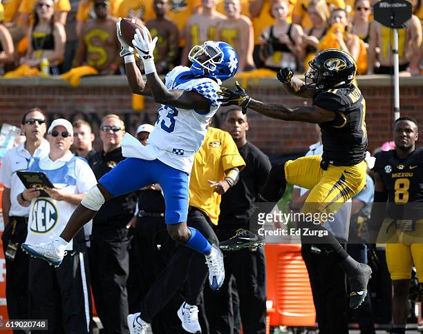 Jeff Badet of the Kentucky Wildcats picks up a first down as he catches a pass against Aarion Penton of the Missouri Tigers in the first quarter at...