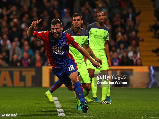 James McArthur of Crystal Palace celebrates scoring his team's second goal during the Premier League match between Crystal Palace and Liverpool at...