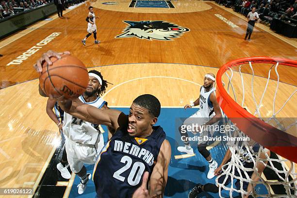 Stephens of the Memphis Grizzlies grabs a rebound against the Minnesota Timberwolves during an NBA preseason game on October 19, 2016 at Target...