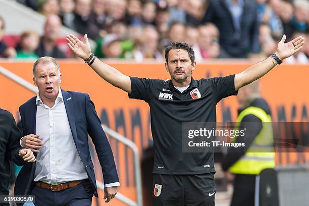 Augsburg, Deutschland, , Bundesliga 7.Spieltag, FC Augsburg - FC Schalke 04, Aufregung bei Cheftrainer Dirk Schuster Geschaeftsfuehrer Sport Stefan...