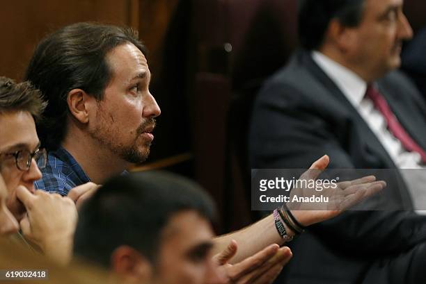 Secretary-General of Podemos, Pablo Iglesias is seen after Mariano Rajoy, Spains embattled Popular Party leader, has been re-elected as prime...