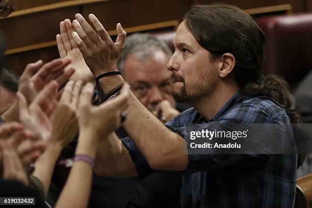 Secretary-General of Podemos, Pablo Iglesias is seen after Mariano Rajoy, Spains embattled Popular Party leader, has been re-elected as prime...