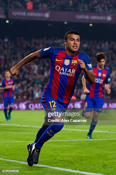 Rafinha of FC Barcelona celebrates after scoring the opening goal during the La Liga match between FC Barcelona and Granada CF at Camp Nou stadium on...