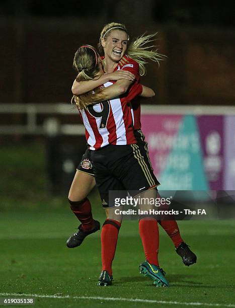 Emma Kelly of Sunderland celebrates with Beth Mead after Kelly scores the first Sunderland goal during the WSL1 match between Sunderland AFC Ladies...