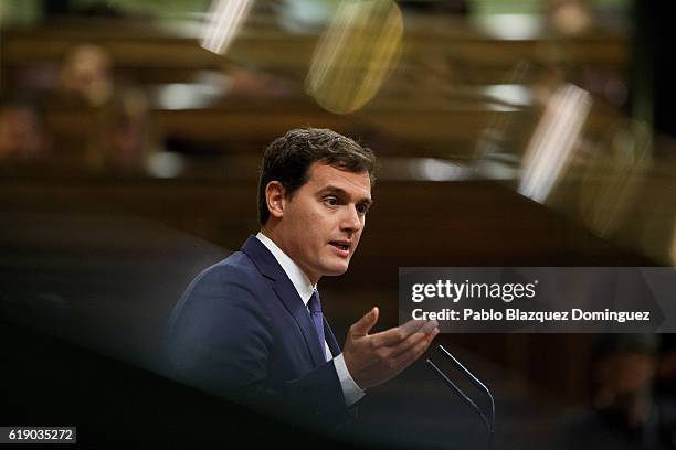 Leader of Citizens Albert Rivera speaks during the final day of the investiture debate at the Spanish Parliament on October 29, 2016 in Madrid,...