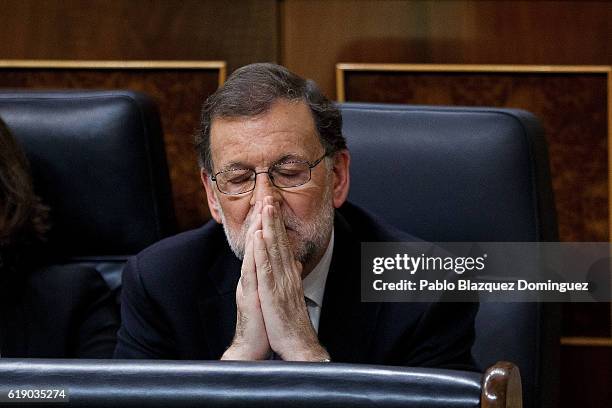 Acting Spanish Prime Minister Mariano Rajoy is seen during the final day of the investiture debate at the Spanish Parliament on October 29, 2016 in...