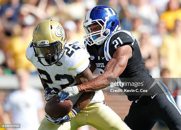 Clinton Lynch of Georgia Tech Yellow Jackets pulls in this go-ahead touchdown against Alonzo Saxton II of the Duke Blue Devils at Bobby Dodd Stadium...