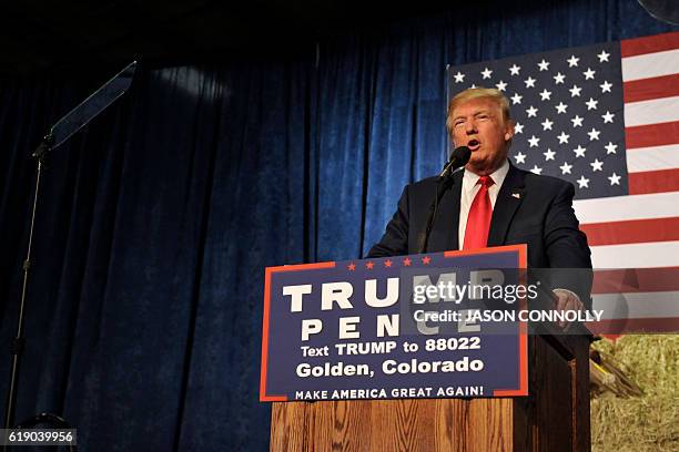 Republican Presidential nominee Donald Trump addresses supporters during a campaign rally at the Jefferson County Fairgrounds - Rodeo Arena & Event...