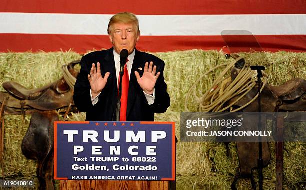 Republican Presidential nominee Donald Trump addresses supporters during a campaign rally at the Jefferson County Fairgrounds - Rodeo Arena & Event...