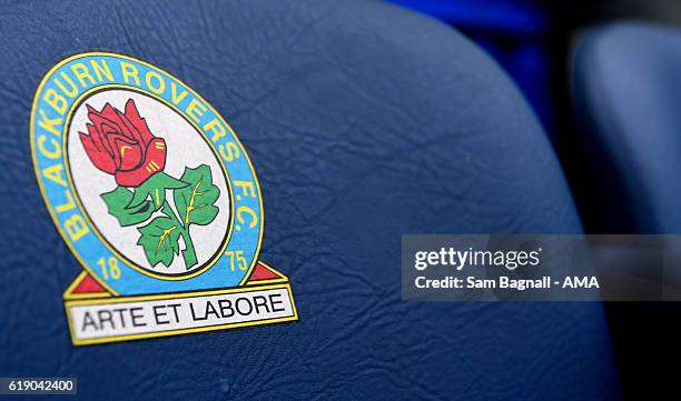 General view of the logo of the Lancashire Red Rose on the Blackburn Rovers crest during the Sky Bet Championship match between Blackburn Rovers and...