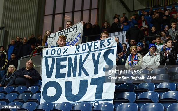 Blackburn Rovers fans with Venkys Out banners during the Sky Bet Championship match between Blackburn Rovers and Wolverhampton Wanderers at Ewood...