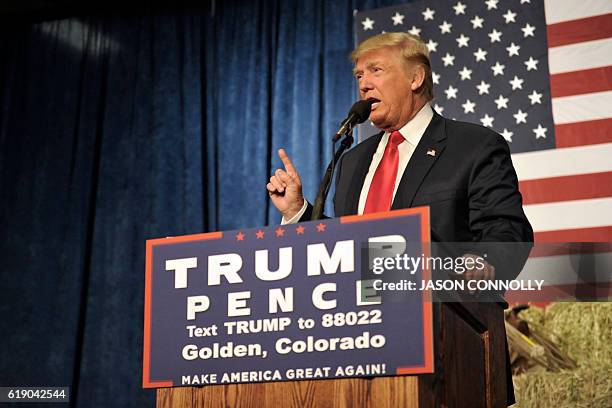 Republican Presidential nominee Donald Trump addresses supporters during a campaign rally at the Jefferson County Fairgrounds - Rodeo Arena & Event...