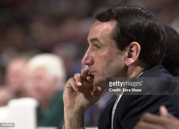 Duke head coach Mike Krzyzewski looks on during the game against Monmouth in the first round of the Men's NCAA Tournament at the Greensboro Coliseum...