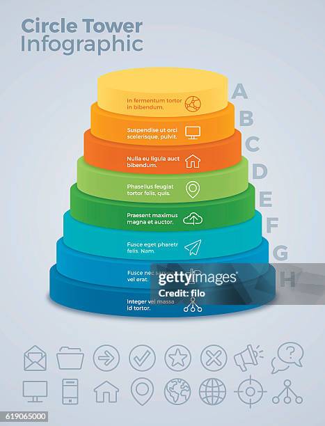 ilustraciones, imágenes clip art, dibujos animados e iconos de stock de infografía de la torre de círculo de ocho opciones verticales - tier