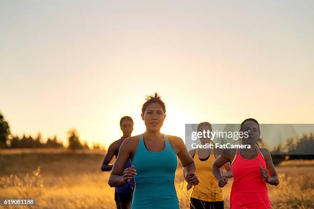 gruppe von verschiedenen athletinnen trailrunning als die sonne untergeht - running in the sun stock-fotos und bilder