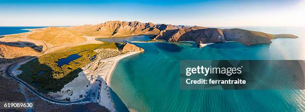 panoramic aerial view of la paz beach mexico - espiritu santo island stock pictures, royalty-free photos & images