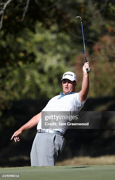 Michael Putnam reacts to his shot on the 15th hole during the Third Round of the Sanderson Farms Championship at the Country Club of Jackson on...