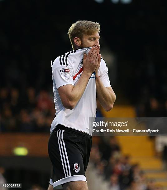 Fulham's Tim Ream after missing a second half chance during the Sky Bet Championship match between Fulham and Huddersfield Town at Craven Cottage on...