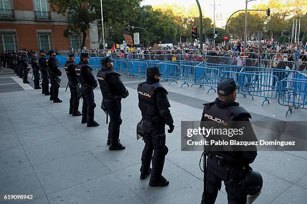 Riot police secures the area surrounding Spanish Parliament during the investiture debate on October 29, 2016 in Madrid, Spain. Rajoy is due to be...