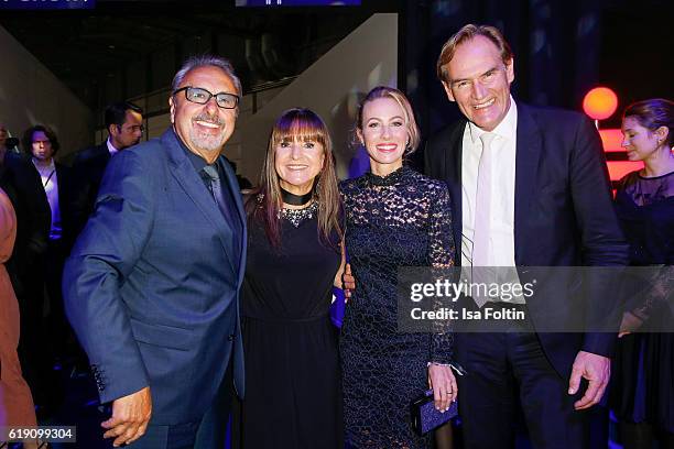 German actor Wolfgang Stumph with his wife Christine Stumph and Leipzig major Burkhard Jung and his wife Ayleena Jung during the aftershow party at...