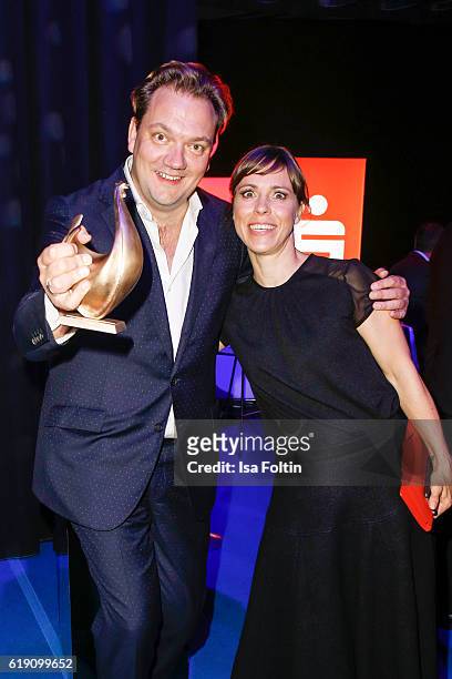 German actor Charly Huebner and german actress Anneke Kim Sarnau during the aftershow party at the Goldene Henne on October 28, 2016 in Leipzig,...