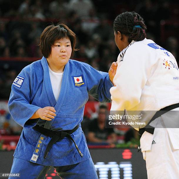 France - Japan's Megumi Tachimoto takes on Cuba's London Olympic champion Idalys Ortiz during the women's over-78 kilogram final at the Paris Grand...