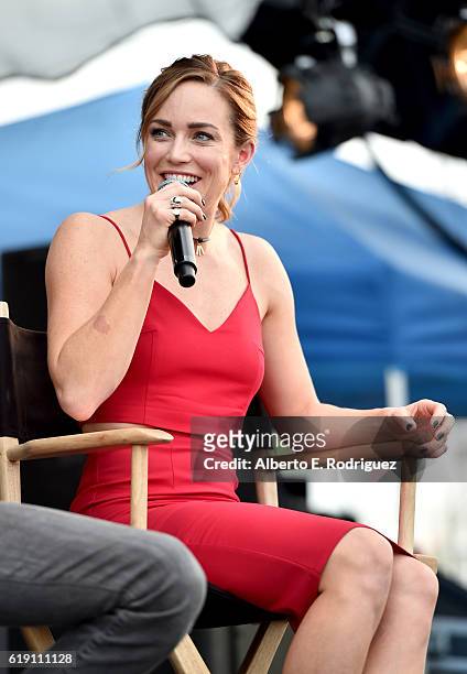 Actress Caity Lotz speaks onstage during the CW Superheroes panel at Entertainment Weekly's PopFest at The Reef on October 29, 2016 in Los Angeles,...