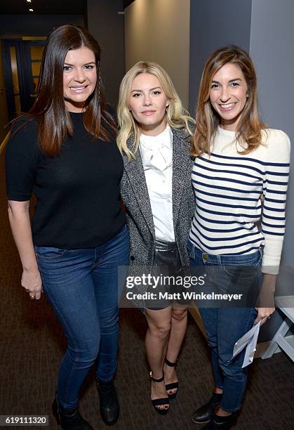Actresses Casey Wilson, Elisha Cuthbert and Danielle Schneider pose backstage during Entertainment Weekly's PopFest at The Reef on October 29, 2016...