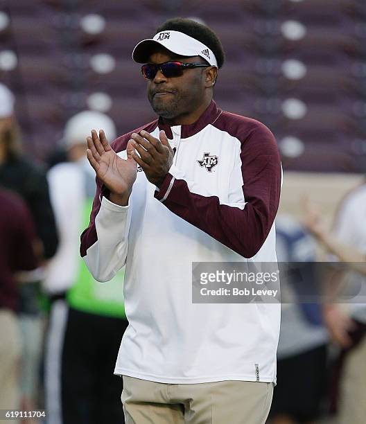Head coach Kevin Sumlin of the Texas A&M Aggies watches over pregame warmups before playing New Mexico State Aggies at Kyle Field on October 29, 2016...