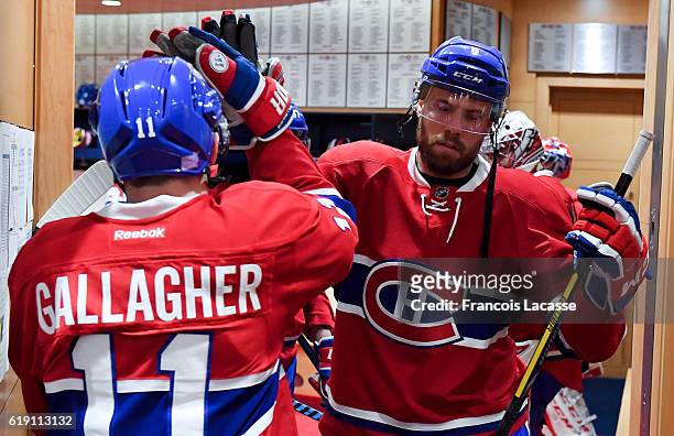 Shea Weber and Brendan Gallagher the Montreal Canadiens before the NHL game against the Toronto Maple Leafs in the NHL game at the Bell Centre on...