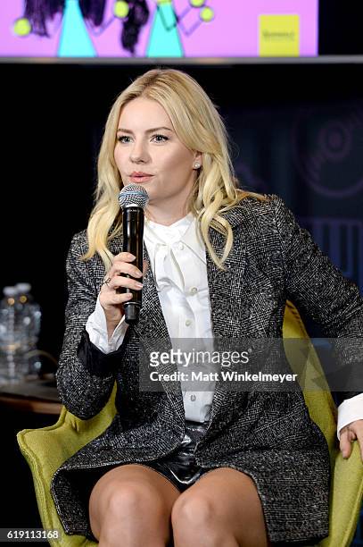 Actress Elisha Cuthbert records onstage during the Bitch Sesh podcast at Entertainment Weekly's PopFest at The Reef on October 29, 2016 in Los...