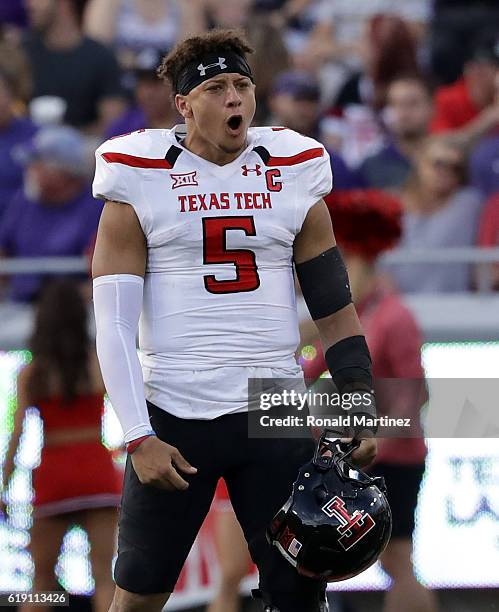 Patrick Mahomes II of the Texas Tech Red Raiders reacts after the TCU Horned Frogs missed a field goal attempt in the second half at Amon G. Carter...