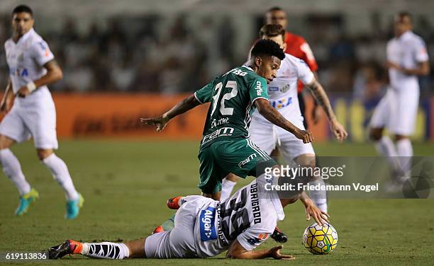 Tche Tche of Palmeiras fights for the ball with Jean Mota of Santos during the match between Santos and Palmeiras for the Brazilian Series A 2016 at...