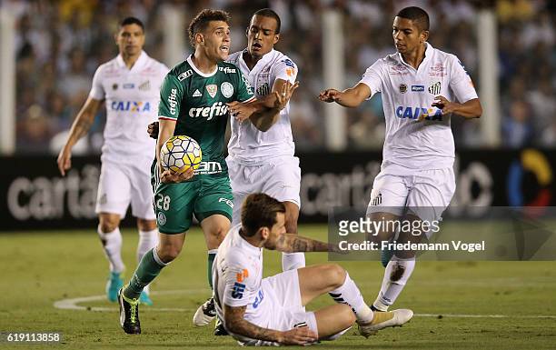 Moises of Palmeiras reacts during the match between Santos and Palmeiras for the Brazilian Series A 2016 at Vila Belmiro Stadium on October 29, 2016...