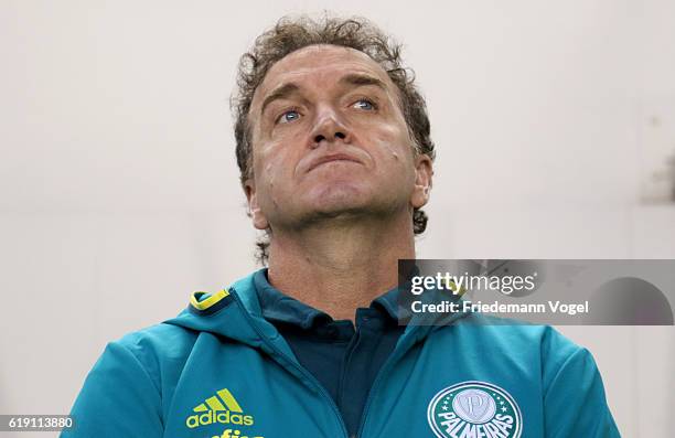 Head coach Cuca of Palmeiras looks on during the match between Santos and Palmeiras for the Brazilian Series A 2016 at Vila Belmiro Stadium on...