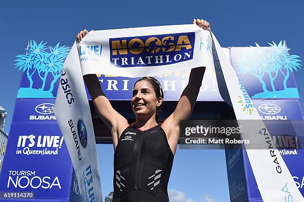 Ashleigh Gentle celebrates winning the Noosa Triathlon on October 30, 2016 in Noosa, Australia.