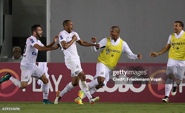 Copete of Santos celebrates scoring the first goal with his team during the match between Santos and Palmeiras for the Brazilian Series A 2016 at...