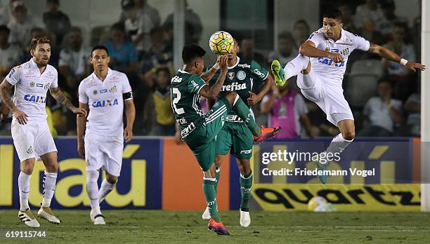 Tche Tche of Palmeiras fights for the ball with Renato of Santos during the match between Santos and Palmeiras for the Brazilian Series A 2016 at...