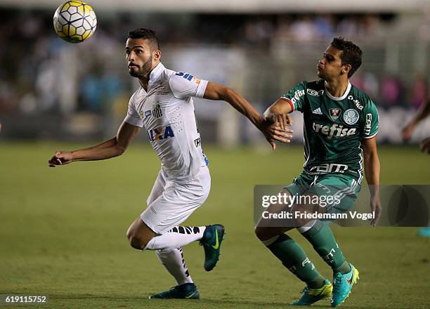 Jean of Palmeiras fights for the ball with Thiago Maia of Santos during the match between Santos and Palmeiras for the Brazilian Series A 2016 at...