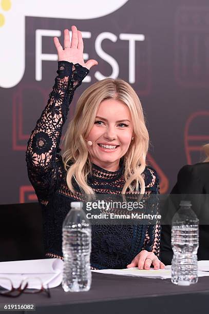 Actress Elisha Cuthbert speaks onstage during the "Happy Endings" table read at Entertainment Weekly's PopFest at The Reef on October 29, 2016 in Los...