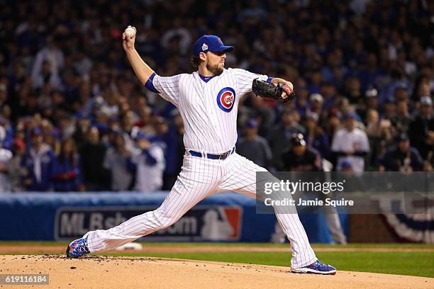 John Lackey of the Chicago Cubs pitches in the first inning against the Cleveland Indians in Game Four of the 2016 World Series at Wrigley Field on...