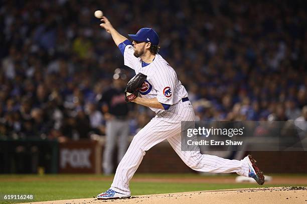 John Lackey of the Chicago Cubs pitches in the first inning against the Cleveland Indians in Game Four of the 2016 World Series at Wrigley Field on...