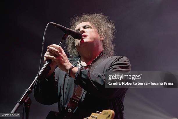 Robert Smith leads The Cure in concert at Unipol Arena on October 29, 2016 in Bologna, Italy.